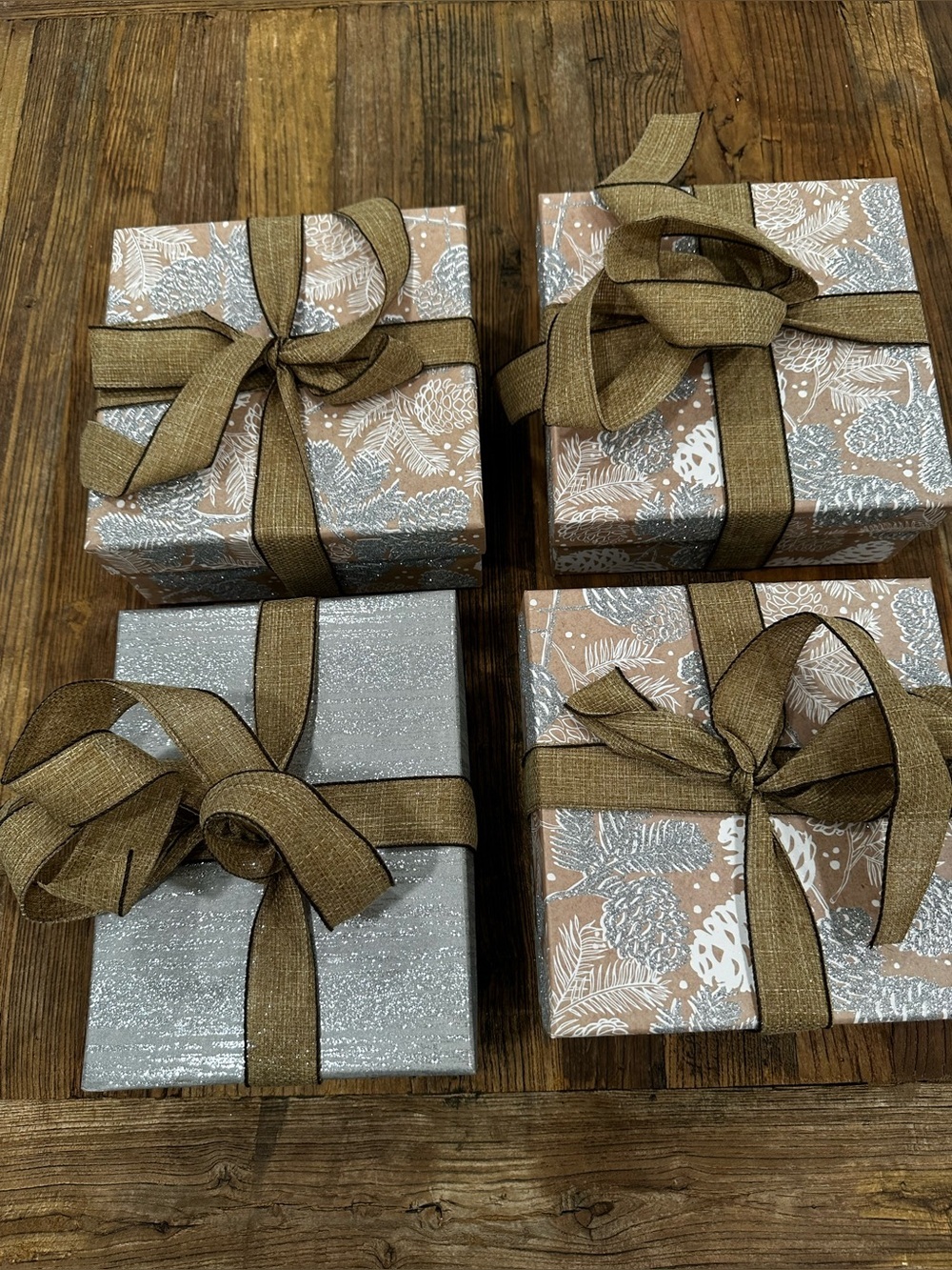 Rustic Brown & Silver Gift Boxes with Brown Ribbon - Home Party Supplies